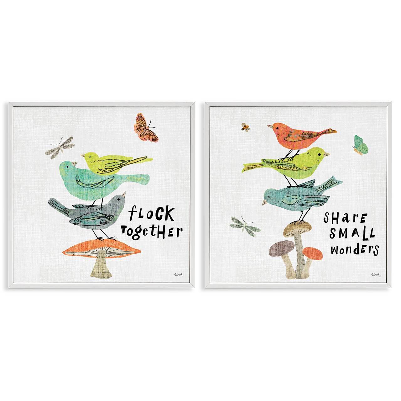 Stupell Industries Flock Together Share Birds 2 pc Framed Giclee Wall Art Set Design by Sue Schlabach